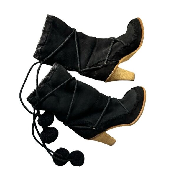 DIOR Boots Sz.9.5 Black Suede Shearling High Heel Pom Pom Drawstrings Fur Trim - Picture 8 of 16